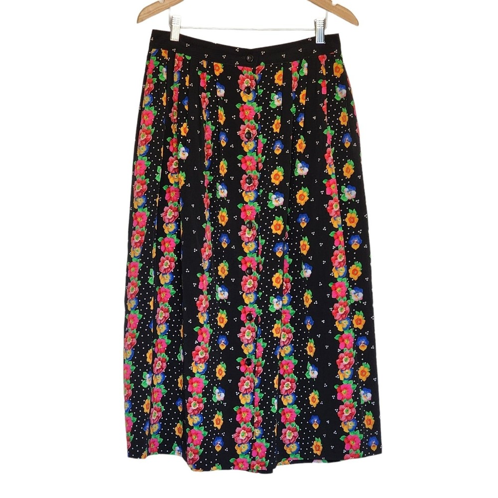 Napa Valley Floral Skirt Pleated Midi Black Garter Waist Size 14 Buttonup Pullon